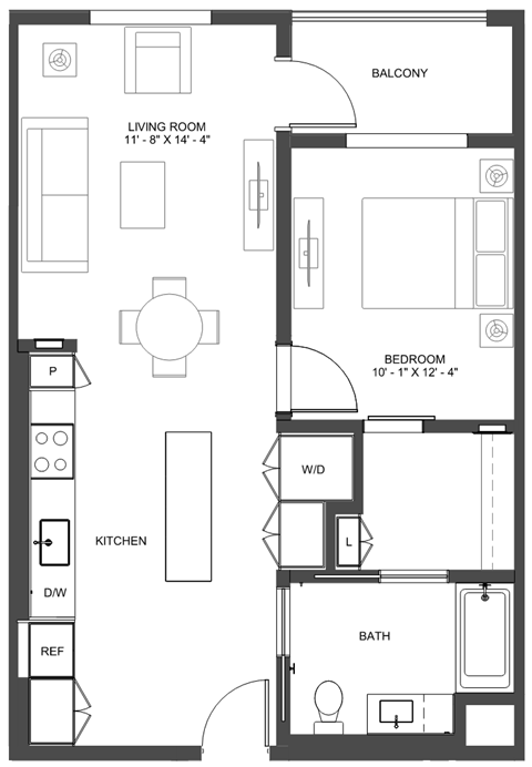 Floor plan for 1 bed, 1 bath, 737 sqft